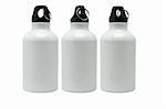 Three metal water containers arranged on white background