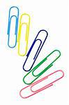 Five multicolor paper clips on white background