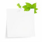 Blank Note Paper With Green Leaf, Isolated On White Background, Vector Illustration