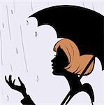 Beautiful young girl face silhouette with black umbrella on rainy day