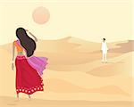 an illustration of a desert scene with an asian man and woman walking towards each other in the evening sun
