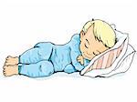 Cartoon of little boy sleeping on a pillow. Isolated on white