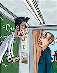 Cartoon of teacher screaming at a pupil. Classroom behind
