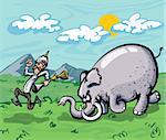 Cartoon of a hunter chased by an elephant. Mountains and sky in the back ground