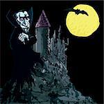 Cartoon Vampire with a castle and moon in the background