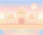 an illustration of ornate indian architecture under an exotic sky