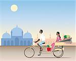 an illustration of a traditional rickshaw with an asian man cycling carrying a female passenger and shopping in an exotic setting