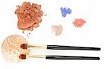 red, blue, brown powder for makeup and two brush