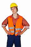 Young worker with visibility vest isolated on white background