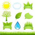 9 Nature Icons And Grass, Isolated On White Background, Vector Illustration