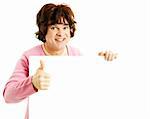 Female impersonator holding blank white sign and giving thumbs up.  Isolated on white.