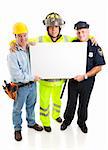 Blue collar workers - firefighter, policeman, and construction worker - all holding a blank sign, ready for your text.  Full body isolated.