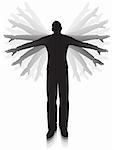 Editable vector silhouette of a man flapping his arms trying to fly