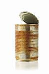 open rusty tin can on white background