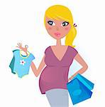 Blond hair mom with blue shopping bags. Vector Illustration.