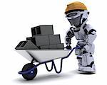 3D render of a robot Builder with a wheel barrow carrying bricks