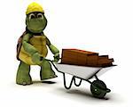 3D render of a tortoise Builder with a wheel barrow carrying bricks