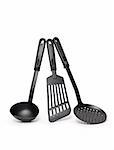 Set of black modern kitchen utensil standing on white background