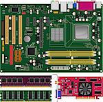 Layered vector illustration of Mainboard,Memory and Graphics Card.