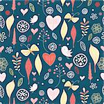 seamless floral pattern with birds and butterflies love with a dark blue background