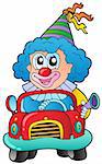 Cartoon clown driving car - vector illustration.