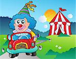 Cartoon clown in car near tent - vector illustration.