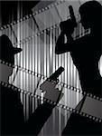 actor silhouettes with gun  and abstract background with filmstrips