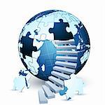 illustration of earth jigsaw puzzle with stairs on white background