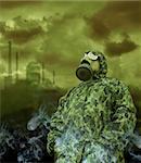 the man in anti-gas mask on a factory background