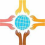 sign of peace - the hands of representatives of different peoples of the world reach for the image of the Earth