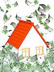 House and falling dollar banknotes. Isolated over white