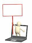 3d puppet with information board and laptop. Isolated over white