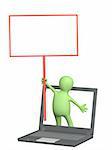 3d puppet with information board and laptop. Isolated over white