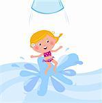 Cute girl splashing in swimming pool, summer cartoon vector Illustration.