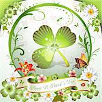 St. Patrick's Day card. Frame with clover, flowers and butterflies