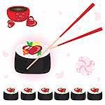 Japanese rolls with sauce and chopsticks. Illustration on white background for design