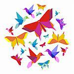 Origami spring butterfly and hummingbird group in circle.