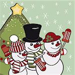 Retro Christmas card with a family of snowmen.