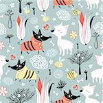 seamless pattern of the fun lovers dogs on vegetation background