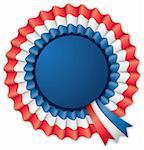 Blue red and white blank rosette with ribbon isolated on white