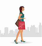 Illustration girl with purchases goes around city - vector