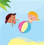 Happy children in the sea. Vector Illustration.