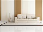 beige and brown living room with beige couch and wallpaper - rendering