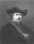 Rembrandt (1606-1669) on engraving from the 1800s. Dutch painter and etcher. One of the greatest painters and printmakers. Engraved by R. Woodman and published in London by Charles Knight, Ludgate Street & Pall Mall East.