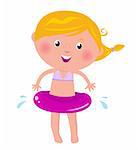 Cute child with pink swimming ring. Vector Illustration.