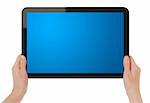 Female hands holding touch screen tablet. Include 2 clipping path - tablet with hands and screen. Isolated on white.