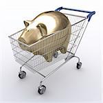 Shopping cart with golden piggy inside. Concept of spend money