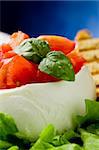 stuffed buffalo mozzarella with tomatoes and basil on lettuce over blue background