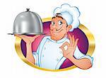 vector illustration of a charming, culinary cute chef with a friendly, engaging broadcast gesture of satisfaction and a tray