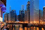 Chicago downtown riverside view at twilight.